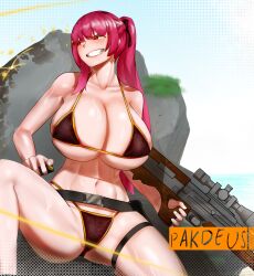  abs absurdres bikini blush breasts bullpup female girls&#039;_frontline gun hair_ribbon highres huge_breasts large_breasts long_hair midriff on_one_knee one_side_up pakdeus purple_hair red_eyes ribbon rifle simple_background sniper_rifle solo swimsuit very_long_hair wa2000_(girls&#039;_frontline) walther walther_wa_2000 weapon 