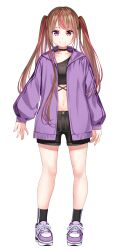  absurdres black_choker black_shirt black_shorts black_socks brown_hair choker closed_mouth commentary_request crop_top female full_body heterochromia highres jacket long_hair looking_at_viewer multicolored_hair navel open_clothes open_jacket original purple_eyes purple_jacket purple_shoes red_eyes red_hair rissenka shirt shoelaces shoes shorts simple_background smile socks solo standing streaked_hair twintails white_background 