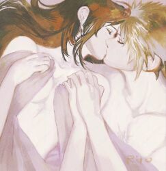  1boy artist_name black_hair blonde_hair closed_eyes cloud_strife collarbone couple cuddling earrings facing_another facing_to_the_side female final_fantasy final_fantasy_vii hashtag-only_commentary jewelry kissing long_hair lying on_back scar scar_on_chest spiked_hair straight tifa_lockhart topless_female topless_male tori_(labyrinth_fft) under_covers upper_body 