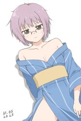  andreypavlow blue_kimono breasts breasts_apart brown_eyes collarbone commentary english_commentary female glasses highres japanese_clothes kimono long_sleeves nagato_yuki over-rim_eyewear purple_hair semi-rimless_eyewear short_hair simple_background solo suzumiya_haruhi_no_yuuutsu thighs variant_set white_background 