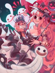 arm_tattoo bare_shoulders breasts cleavage commentary dress female flower frilled_dress frills ghost hat hat_flower highres holding holding_umbrella kumacy long_dress long_hair mask mouth_mask notice_lines one_piece perona signature smile stiflart stuffed_toy tattoo tongue tongue_out umbrella 