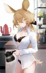  absurdres alternate_costume arknights black_ribbon blonde_hair dorothy_(arknights) ema_(kuguiema) highres holding_coffee_pot lingerie looking_at_viewer ribbon unbuttoned unbuttoned_shirt underwear yellow_eyes 