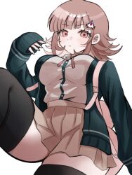  blush breasts brown_hair brown_skirt collared_shirt danganronpa_(series) danganronpa_2:_goodbye_despair female flipped_hair frown galaga hair_ornament hood ikemen&#039;na_ore-shi jacket long_sleeves looking_at_viewer medium_hair nanami_chiaki neck_ribbon open_clothes open_jacket pink_eyes pink_ribbon pleated_skirt ribbon shirt skirt solo thighhighs two-tone_shirt white_shirt 