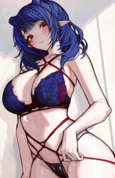  absurdres bare_arms blue_bra blue_hair blue_panties blush bondage bra breasts closed_mouth cowboy_shot dizzy_dokuro female highres large_breasts long_hair looking_at_viewer naokomama o-ring panties phase_connect pointy_ears red_eyes red_rope rope solo underwear virtual_youtuber 