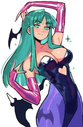  animal_print aqua_hair bat_print bat_wings black_leotard breasts cleavage clothing_cutout collarbone darkstalkers elbow_gloves female fingerless_gloves gloves head_wings heart_cutout highleg highleg_leotard highres kaatokun leotard light_smile long_hair looking_at_viewer morrigan_aensland nail_polish pantyhose pink_gloves pink_nails print_pantyhose purple_pantyhose sidelocks simple_background solo standing white_background wings 