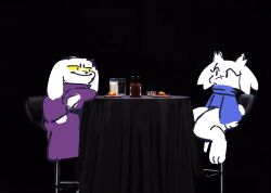  2024 :/ anthro black_background black_eyes black_nose blue_clothing blue_sweater blue_topwear bottomless bottomless_anthro bottomless_female cave_story chair clothed clothing duo eyelashes facial_scar female female_anthro floppy_ears food fur furniture hand_on_table hi_res hot_ones hot_sauce king_(cave_story) klazo lagomorph leporid looking_at_another lop_ears male male_anthro mammal milk mimiga on_chair purple_clothing purple_robe robe scar short_tail simple_background sitting sitting_on_chair smile sue_sakamoto sweater sweater_only table tail topwear topwear_only white_body white_ears white_fur white_tail yellow_sclera 