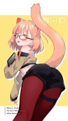  :d absurdres animal_ear_fluff animal_ears ass bare_shoulders black_shorts blush brown_jacket cat_ears cat_girl cat_tail commentary_request cowboy_shot extra_ears female from_behind glasses hair_ornament hairclip highres holding holding_stylus holding_tablet_pc indie_virtual_youtuber jacket kasai_itsuki kasai_itsuki_(artist) off-shoulder_jacket off_shoulder open_mouth orange_eyes orange_hair pantyhose red-framed_eyewear red_pantyhose short_hair shorts smile solo stylus tablet_pc tail tail_raised thigh_strap translation_request twitter_username two-tone_background v-shaped_eyebrows virtual_youtuber white_background yellow_background 