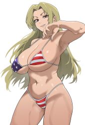  absurdres american_flag american_flag_bikini american_flag_print bikini blonde_hair breasts cropped_legs female flag_print highres jujutsu_kaisen large_breasts looking_at_viewer navel oeoeoe_(fyzs5787) orange_eyes print_bikini solo swimsuit tsukumo_yuki_(jujutsu_kaisen) white_background 