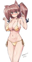  anchor_hair_ornament animal_ears atlanta_(kancolle) bikini breasts brown_hair cat_ears cleavage dated feet_out_of_frame female gold_bikini grey_eyes hair_ornament highres kantai_collection large_breasts long_hair looking_at_viewer maru_(marg0613) one-hour_drawing_challenge paw_pose side-tie_bikini_bottom simple_background solo standing swimsuit twitter_username two_side_up white_background 