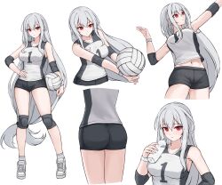  absurdres alternate_costume arknights ass black_shorts blush bottle breasts bump_(volleyball) closed_mouth commentary drinking elbow_pads female full_body gongbangmanchi_(daisy_cutter) grey_hair hair_between_eyes hand_on_own_hip highres holding holding_bottle knee_pads large_breasts long_hair looking_at_viewer midriff_peek multiple_views navel plastic_bottle playing red_eyes short_shorts shorts simple_background skadi_(arknights) socks solo spiking sportswear standing sweat volleyball volleyball_uniform water_bottle white_background white_footwear white_hair white_socks 