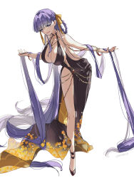  bare_shoulders bb_(fate) bb_dubai_(fate) belly_chain black_dress braid braided_hair_rings breasts carimarica center_opening chains cleavage dress fate/grand_order fate_(series) female full_body gold_chain gold_dress hair_ribbon high_heels highres jewelry large_breasts leaning_forward long_hair looking_at_viewer necklace open_mouth purple_eyes purple_hair ribbon side_slit smile solo twin_braids very_long_hair yellow_ribbon 