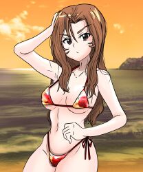  absurdres alternate_costume beach bikini breasts collarbone female girls_und_panzer highres long_hair maiko_(girls_und_panzer) moesenyukikaze navel orange_hair red_bikini red_hair string_bikini swimsuit 