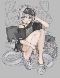  animal_ears black_shirt blue_eyes clauvio_(vtuber) crocs english_commentary female full_body girutea grey_background grey_hair highres indie_virtual_youtuber knees_up looking_at_viewer mouse_ears mouse_girl mouse_tail pillow shirt short_hair shorts sitting sleep_mask solo sweat tail virtual_youtuber 