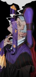  1boy absurdres black_background blunt_bangs crying crying_with_eyes_open grey_eyes grey_hair hat highres jewelry looking_at_viewer male_focus mau_sakura parted_lips purple_hat ring rollo_flamme short_hair smoke solo sweat sweatdrop tears teeth twisted_wonderland upper_body veins 