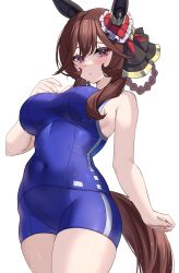  animal_ears bare_arms blue_shirt blue_shorts blush breasts brown_hair commentary_request cowboy_shot female gentildonna_(umamusume) hair_between_eyes heart_ear_ornament highres horse_ears horse_girl horse_tail kibihimi large_breasts long_hair looking_at_viewer red_eyes shirt shorts simple_background solo tail tracen_swimsuit umamusume white_background 