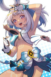  animal_ears arm_up armpits bandeau birkai blue_hair blue_nails blue_pupils blush body_markings breasts clothing_request commentary cowboy_shot dark-skinned_female dark_skin fake_animal_ears female fingerless_gloves genshin_impact gloves highres long_hair looking_at_viewer mualani_(genshin_impact) multicolored_hair nail_polish navel open_mouth red_eyes sidelocks smile solo stomach streaked_hair teeth underboob upper_teeth_only very_long_hair w white_background white_gloves 