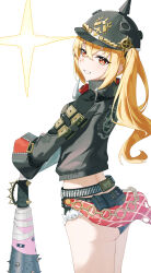  absurdres ass black_jacket blonde_hair crop_top denim denim_shorts female grin helmet highres jacket looking_at_viewer looking_back luciana_de_montefio orange_eyes short_shorts shorts smile solo spiked_bat standing twintails uuc_(yuyudanngo) white_background zenless_zone_zero 