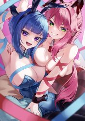  2girls absurdres armpits blue_hair blue_leotard blunt_bangs breasts cleavage duel_monster evil_twin_ki-sikil evil_twin_lil-la green_eyes grin hatage highres ki-sikil_(yu-gi-oh!) large_breasts leotard lil-la_(yu-gi-oh!) looking_at_viewer multiple_girls on_bed pink_hair playboy_bunny purple_eyes red_leotard ribbon smile yu-gi-oh! 