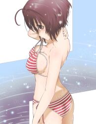  22/7 ahoge bikini black_hair brown_eyes female from_behind gabrieltenma77 highres looking_at_viewer looking_back short_hair side-tie_bikini_bottom solo string_bikini string_in_mouth striped_bikini striped_clothes swimsuit takigawa_miu untied_bikini wet 