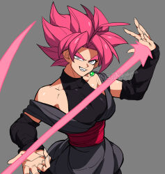  bare_shoulders black_shirt black_tunic breasts commentary dragon_ball dragon_ball_super earrings energy_blade fangs female genderswap_(mtf) goku_black grey_background grey_hair highres holding holding_scythe jewelry jiajiajiajiaa medium_breasts medium_hair pink_hair potara_earrings red_sash rule_63 sash scythe shirt simple_background single_earring sleeveless sleeveless_shirt smirk solo spiked_hair symbol-only_commentary tunic upper_body 