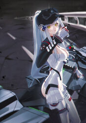  absurdres baseball_cap baton_(weapon) black_bodysuit blue_nails bodysuit breasts cross_hair_ornament earpiece expandable_baton female girls&#039;_frontline girls&#039;_frontline_2:_exilium gloves green_eyes gun hair_ornament handgun hat highres hk416_(girls&#039;_frontline) holding_baton_(weapon) holster holstered long_hair looking_at_viewer motor_vehicle motorcycle official_alternate_costume open_mouth partially_fingerless_gloves ponytail setora_q sidelocks solo teardrop_facial_mark teardrop_tattoo thigh_holster two-tone_bodysuit weapon white_bodysuit white_gloves 