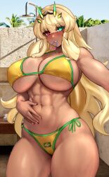  abs absurdres bare_shoulders barghest_(fate) biceps bikini blonde_hair blush breasts cleavage fate/grand_order fate_(series) female green_eyes heterochromia highres horns large_breasts long_hair looking_at_viewer muscular muscular_female navel raskasar red_eyes solo swimsuit tan thick_thighs thighs yellow_bikini 