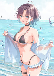  ahoge asakura_toru bikini black_bikini black_choker blush breasts choker cleavage collarbone cowboy_shot earrings female halterneck hatsu_(first_snow) heart_o-ring highleg highleg_bikini highres idolmaster idolmaster_shiny_colors jacket jewelry looking_at_viewer medium_breasts navel o-ring o-ring_thigh_strap open_clothes open_jacket outdoors purple_hair see-through see-through_jacket short_hair smile solo stomach string_bikini swimsuit thigh_strap white_jacket 