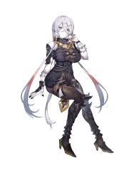  atelier_(series) atelier_ryza atelier_ryza_3 bare_shoulders black_footwear black_nails blue_eyes bodystocking boots breasts cleavage crossed_bangs female full_body grey_hair hair_between_eyes hair_ornament hairclip hand_up heterochromia high_heels highres invisible_chair large_breasts lila_decyrus long_hair looking_at_viewer low_twintails official_art pale_skin parted_lips red_eyes simple_background sitting solo toridamono transparent_background twintails very_long_hair 