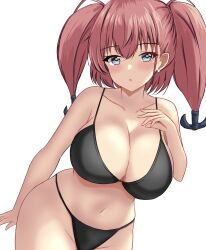  :o alternate_costume anchor_hair_ornament atlanta_(kancolle) bare_arms bikini black_bikini blush breasts brown_hair cleavage collarbone cowboy_shot female grey_eyes hair_between_eyes hair_ornament highres kantai_collection long_hair looking_at_viewer montemasa open_mouth simple_background solo standing swimsuit twintails white_background 