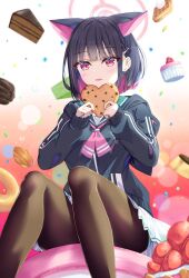  animal_ears black_hair black_jacket black_pantyhose blue_archive blush cake cake_slice cat_ears cat_girl colored_inner_hair cookie doughnut extra_ears female food gradient_background green_sailor_collar hair_ornament hairclip halo hands_up heart heart-shaped_cookie heart-shaped_food highres holding holding_cookie holding_food jacket kazusa_(blue_archive) looking_at_viewer miniskirt multicolored_hair natie neckerchief pantyhose parted_lips pink_eyes pink_hair pink_halo pink_neckerchief pleated_skirt pudding red_background sailor_collar short_hair skirt solo waffle white_background white_skirt 