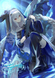  arknights belt black_thighhighs blue_background braid chain_necklace chains chinese_text commission double-parted_bangs english_text eyelashes female full_body guitar hemorina highres holding holding_guitar holding_instrument instrument jewelry long_hair long_sleeves looking_at_viewer looking_to_the_side low-braided_long_hair low-tied_long_hair medium_bangs mixed-language_text music necklace nun on_one_knee playing_instrument plectrum saw skeb_commission smile solo specter_(arknights) thigh_belt thigh_strap thighhighs thighs translation_request underwater very_long_hair watermark white_hair 