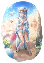  absurdres alternate_costume ball beach beachball bikini blue_eyes blue_hair buoy eyewear_on_head female food hatsune_miku highres holding holding_food holding_popsicle kinakomocci518 on_suitcase popsicle sitting slippers striped_bikini striped_clothes suitcase sunglasses swimsuit vocaloid 