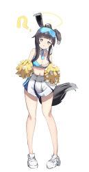  ? animal_ears bare_shoulders black_hair blue_archive blue_eyes blush breasts cheerleader commentary_request dog_ears dog_girl dog_tail ears_up eyewear_on_head female full_body halo hibiki_(blue_archive) hibiki_(cheer_squad)_(blue_archive) highres holding holding_pom_poms long_hair looking_at_viewer midriff millennium_cheerleader_outfit_(blue_archive) morishin546 navel official_alternate_costume pom_pom_(cheerleading) simple_background skirt sleeveless solo sports_bra standing star_sticker sticker_on_face stomach tail text_print white_background white_footwear white_skirt 