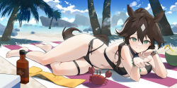  alternate_costume animal_ears arknights bare_arms bare_legs bare_shoulders beach beach_mat bikini black_bikini breasts brown_hair byocho closed_mouth coconut_cup commission crab criss-cross_halter day female green_eyes halterneck hand_up highres horse_ears horse_girl horse_tail large_breasts long_hair looking_at_viewer lying meteor_(arknights) mole mole_under_eye multi-strapped_bikini_bottom multicolored_hair navel on_side outdoors pointing pointing_at_viewer ponytail side-tie_bikini_bottom smile solo stomach streaked_hair string_bikini swimsuit tail thigh_strap thighs wristband 