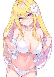  bikini blonde_hair breasts choker commentary_request cu-no female flower hair_flower hair_ornament hakurei_botan highres hisen_kaede large_breasts long_hair looking_at_viewer purple_eyes simple_background smile solo swimsuit white_background white_bikini white_choker white_flower 