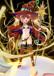  bikini black_bikini blonde_hair breasts cloak familiar hat highres iris_mysteria! ladis_(iris_mysteria!) lightning long_hair navel purple_eyes red_cloak red_hat shin_guards shizuku_(artist) small_breasts staff swimsuit thighhighs thighs twintails variant_set witch_hat 