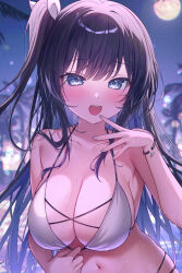  armpit_peek bikini blue_eyes blue_hair blurry blurry_background blush bow breasts brown_hair city_lights cleavage collarbone colored_inner_hair commentary_request depth_of_field dolphin film_grain full_moon grey_nails gyozanuko hairbow hand_up large_breasts looking_at_viewer moon multicolored_hair nail_polish navel night night_sky one_side_up open_mouth original palm_tree seductive_smile sky smile stomach straight-on straight_hair string_bikini swimsuit swimsuit_tug tattoo teeth tree upper_body upper_teeth_only water water_drop wet wet_hair white_bikini white_bow wristband 