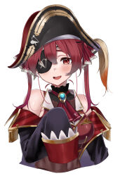  armpit_crease ascot bare_shoulders bicorne black_choker black_coat black_hat blush brooch brown_leotard choker coat collared_shirt commentary_request covered_navel cropped_torso double-parted_bangs eyepatch female frilled_choker frills hair_ribbon hat highres hololive houshou_marine houshou_marine_(1st_costume) jewelry leotard looking_at_viewer oerba_yun_fang off_shoulder open_mouth pirate_hat print_eyepatch red_ascot red_hair red_ribbon red_shirt ribbon shin_ilst shirt simple_background skin_fang sleeveless sleeveless_shirt sleeves_past_fingers sleeves_past_wrists smile solo twintails virtual_youtuber white_background 
