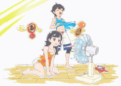  1boy asatsuki_(fgfff) barefoot black_hair black_leggings braid closed_eyes commentary_request electric_fan elio_(pokemon) female grey_eyes highres kneeling leggings long_hair open_mouth pokemon pokemon_(creature) pokemon_usum rotom rotom_(fan) rotom_dex selene_(pokemon) shirt shoes short_hair shorts sleeveless sleeveless_shirt sneakers spaghetti_strap standing tank_top twin_braids white_shorts 