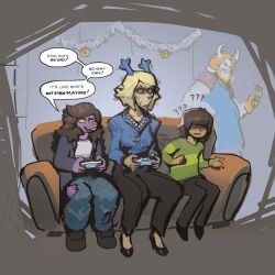  2_horns ambiguous_gender anthro antlers apron asgore_dreemurr beard bell biped black_bottomwear black_clothing black_footwear black_pants black_shoes blonde_hair blue_antlers blue_blazer blue_bottomwear blue_clothing blue_lips blue_nose blue_pants boss_monster_(undertale) bottomwear bovid brown_hair caprine car_keys carol_holiday clothing controller deer deltarune dialogue dualshock_4 english_text facial_hair female footwear fur furniture game_controller gloves green_clothing green_shirt green_topwear group hair handwear hi_res hooves horn human jacket jewelry jingle_bell kris_(deltarune) lips male mammal necklace pants pink_clothing pink_shirt pink_topwear playstation playstation_4 playstation_controller purple_body purple_clothing purple_jacket purple_topwear red_eyes scalie shirt short_hair sofa sony_corporation sony_interactive_entertainment speech_bubble susie_(deltarune) tan_body tan_fur text topwear torn_bottomwear torn_clothing torn_pants undertale_(series) white_body white_clothing white_fur white_shirt white_topwear zeusdex 