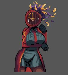  analog_clock arm_under_breasts arm_up baeloe black_gloves black_leggings breasts burning clock coat collared_dress cowboy_shot dante_(limbus_company) dress female genderswap_(mtf) gloves grey_background grey_dress large_breasts leggings limbus_company looking_at_viewer necktie pixel_art project_moon prosthetic_head red_coat red_necktie rule_63 sweatdrop twisted_torso 