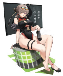  ahoge black_dress black_gloves black_shoes breasts brown_hair china cleavage_cutout clothing_cutout commentary_request covered_nipples dress eyewear_on_head fingerless_gloves gloves highres holding holding_shoes holding_unworn_clothes large_breasts nail_polish natsuko_iman pelvic_curtain purple_eyes shoes short_hair simple_background single_bare_foot sitting soles sunglasses sweety_(zenless_zone_zero) thigh_strap toenail_polish toenails toes translation_request underboob_cutout unworn_shoes white_background zenless_zone_zero 