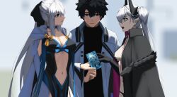 1boy 2girls black_bow black_cloak black_hair black_hands blue_eyes body_markings bow braid breasts center_opening chaldea_logo chaldea_uniform cleavage cloak clothing_cutout colored_extremities command_spell demon_girl demon_horns dress fate/grand_order fate_(series) fujimaru_ritsuka_(male) fujimaru_ritsuka_(male)_(decisive_battle_chaldea_uniform) green_eyes hair_around_horn hairbow half_up_braid highres horns jacket large_breasts lilith_(fate) lilith_(second_ascension)_(fate) long_hair long_sleeves morgan_le_fay_(fate) multiple_girls paperpillar pointy_ears ponytail servant_card_(fate/grand_order) short_hair sidelocks stomach_cutout stomach_tattoo tattoo tattoo_between_breasts twintails two-tone_dress white_hair white_jacket 