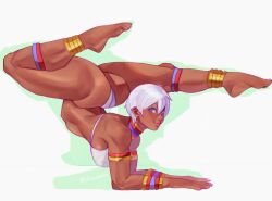  anklet armlet ass blue_eyes dark-skinned_female dark_skin dlusional elena_(street_fighter) female flexible highres jewelry looking_at_viewer neck_ring short_hair smile solo street_fighter street_fighter_iii_(series) toned toned_female top-down_bottom-up white_hair 