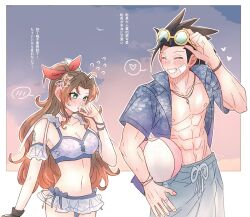  1boy 7_(milu577610) abs aerith_gainsborough averting_eyes ball bandaid bandaid_on_cheek bandaid_on_face bare_shoulders beach beachball bikini bikini_skirt black_hair blue_shirt blue_sky blush brown_hair choker commentary_request couple facing_another female final_fantasy final_fantasy_vii final_fantasy_vii_ever_crisis floral_print flying_sweatdrops green_eyes grin hair_ribbon heart height_difference highres long_hair male_swimwear muscular muscular_male navel open_clothes open_shirt parted_bangs pink_ribbon print_shirt ribbon shirt sky smile spiked_hair spoken_blush spoken_heart stomach sunglasses swim_trunks swimsuit zack_fair 