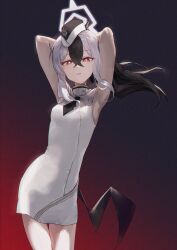  armpits arms_up black_background black_hair black_necktie blue_archive breasts commentary_request cowboy_shot dancing demon_horns dress female garrison_cap gradient_background hair_between_eyes hat highres horns kayoko_(blue_archive) looking_at_viewer me!me!me! me!me!me!_dance_(meme) meme multicolored_hair necktie official_alternate_costume partial_commentary praticatan000 red_background red_eyes schale_logo short_necktie simple_background single_wing sleeveless sleeveless_dress solo standing two-tone_hair utnapishtim_operator_uniform_(blue_archive) white_dress white_hair wings 