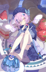  absurdres ahoge apple beret blue_bow blue_cloak blue_dress blue_flower blue_hat bow cake cake_slice cloak commentary_request detached_wings dress expressionless feet female flower food fruit full_body gelatin hair_flower hair_ornament hat hat_bow head_tilt highres holding holding_food holding_fruit hood hood_down hooded_cloak kele_mimi long_hair long_sleeves looking_at_viewer mini_person minigirl no_shoes on_plate original panties panties_under_pantyhose pantyhose pantyshot pink_hair puffy_long_sleeves puffy_sleeves sitting solo strawberry strawberry_cake thigh_strap underwear upskirt white_panties white_pantyhose white_wings wings yellow_eyes 
