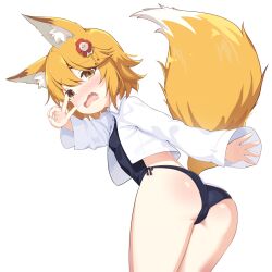  absurdres alternate_costume animal_ears ass bikini black_bikini blonde_hair blush collared_shirt commentary female fox_ears fox_girl fox_tail from_behind furrowed_brow highres large_tail leaning_forward long_sleeves looking_at_viewer looking_back n3moni oerba_yun_fang open_clothes open_mouth open_shirt paid_reward_available senko_(sewayaki_kitsune_no_senko-san) sewayaki_kitsune_no_senko-san shirt short_hair simple_background skin_fang solo swimsuit tail v v_over_eye white_background white_shirt yellow_eyes 