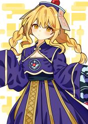  07nono06 absurdres blonde_hair blush braid breasts cleavage cleavage_cutout closed_mouth clothing_cutout collared_shirt cowboy_shot female floating_hair fujita_kotone gakuen_idolmaster hands_up hat head_tilt highres idolmaster jiangshi jiangshi_costume long_hair long_sleeves looking_at_viewer low_twin_braids ofuda pleated_skirt purple_hat purple_skirt shirt skirt sleeves_past_fingers sleeves_past_wrists solo twin_braids two-tone_background white_background wide_sleeves yellow_background yellow_eyes 