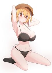  :&lt; absurdres animal_ears armpits arms_behind_head arms_up black_bra black_panties blonde_hair blush bra breasts brown_hat cleavage closed_mouth collarbone commentary_request commission female floppy_ears full_body groin hat highres large_breasts navel panties pixiv_commission rabbit_ears rabbit_girl rabbit_tail ringo_(touhou) rioku short_eyebrows short_hair simple_background sitting skindentation solo sweat tail touhou underwear wariza white_background 